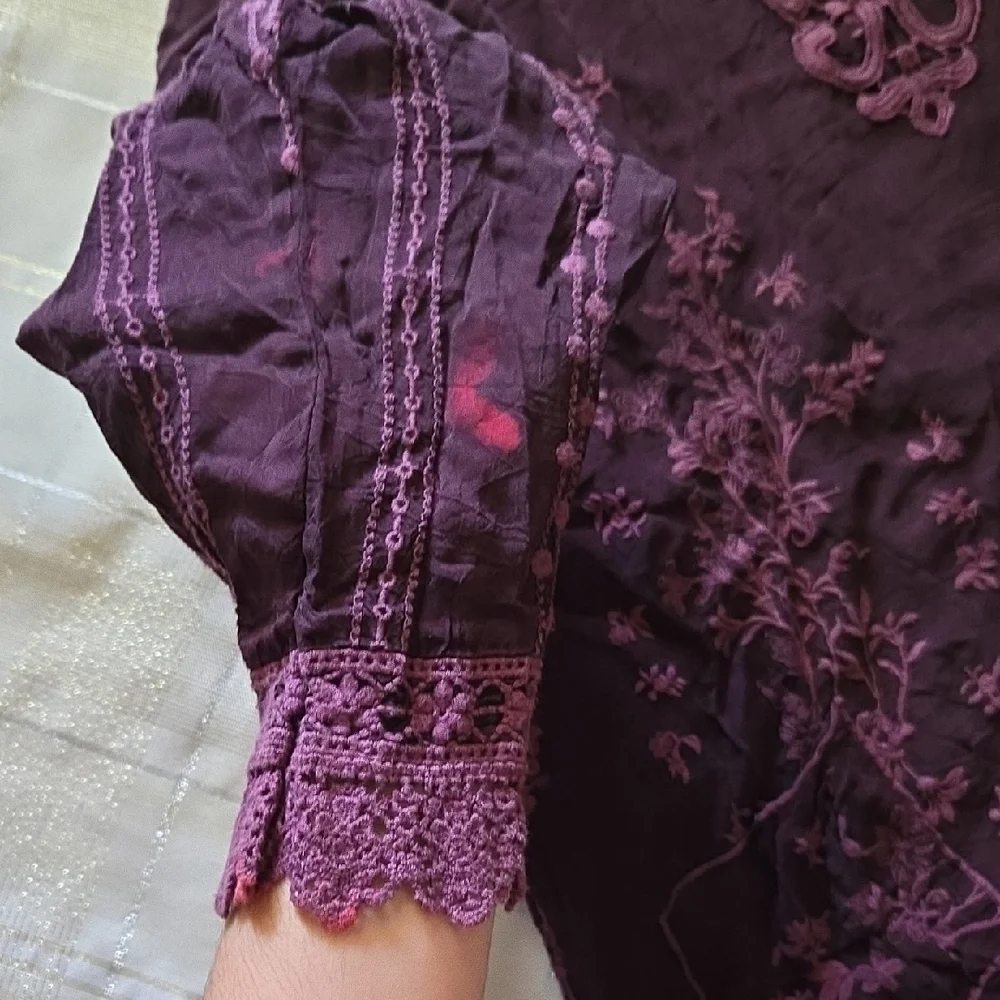 Johnny Was Purple Embroidered 3/4 Sleeve Blouse - Picture 12 of 13